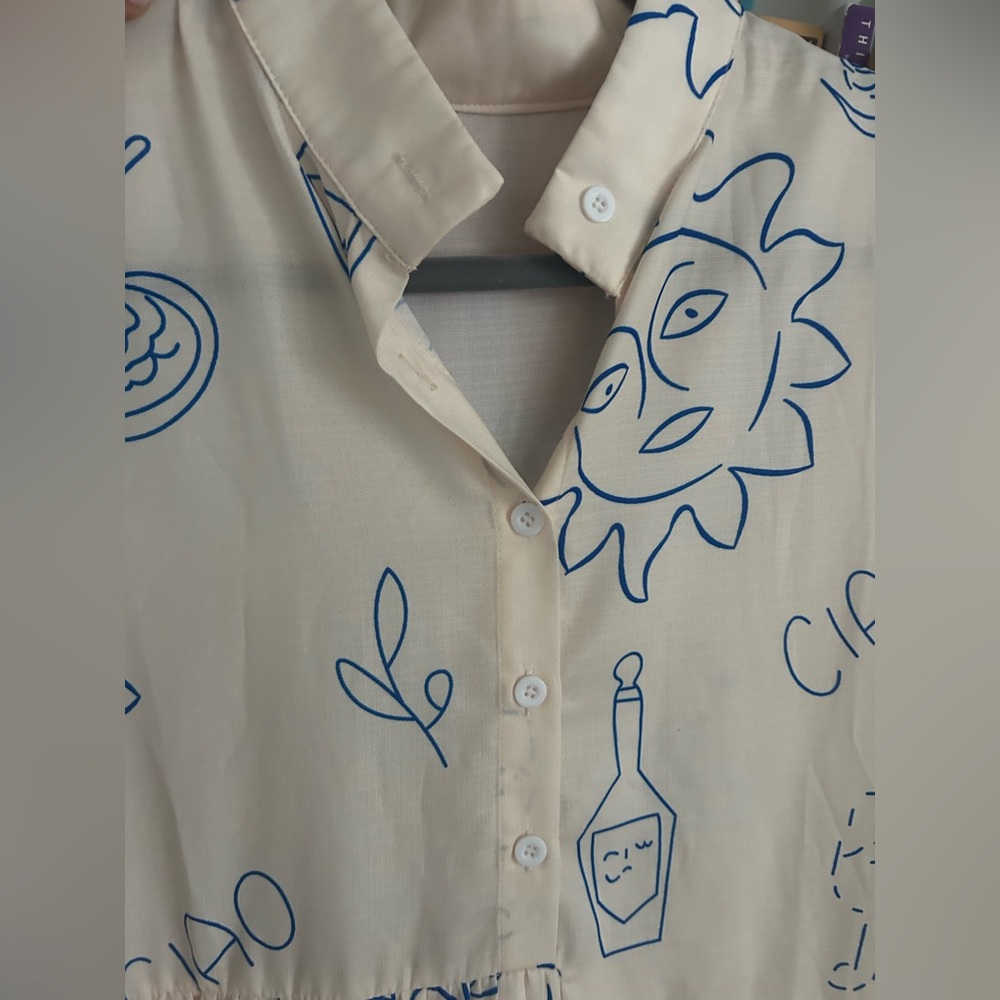Cream dress with Blue Graphic Print